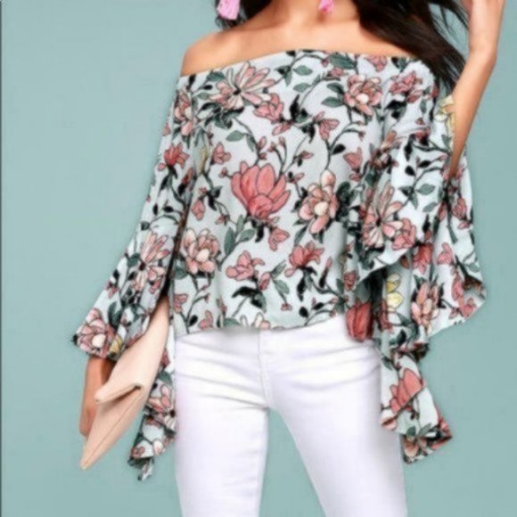 Lulus Tops - Lulu's Off the Shoulder Light Blue Blouse